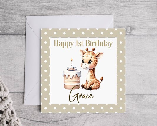 1st Birthday Card, Giraffe design