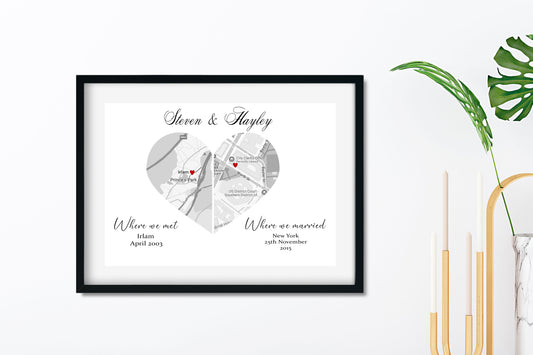 Where we met, where we married, heart shaped Map Print, with or without Frame