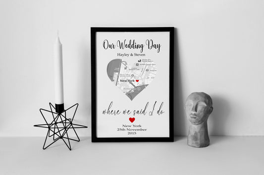 Where we said I do, heart shaped Map Print, with or without Frame