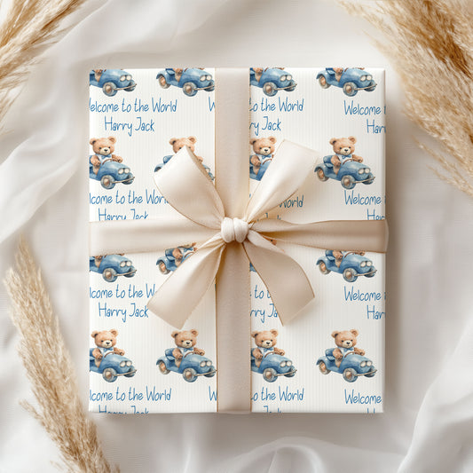 New Baby Teddy & Blue Car personalised Gift Wrap -A3 sheets only