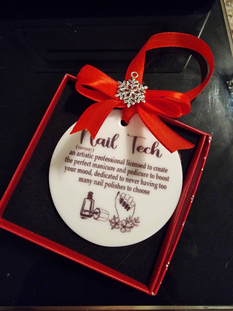 Nail Tech Christmas gift, tree decoration, with Ribbon,bow, silver Christmas charm