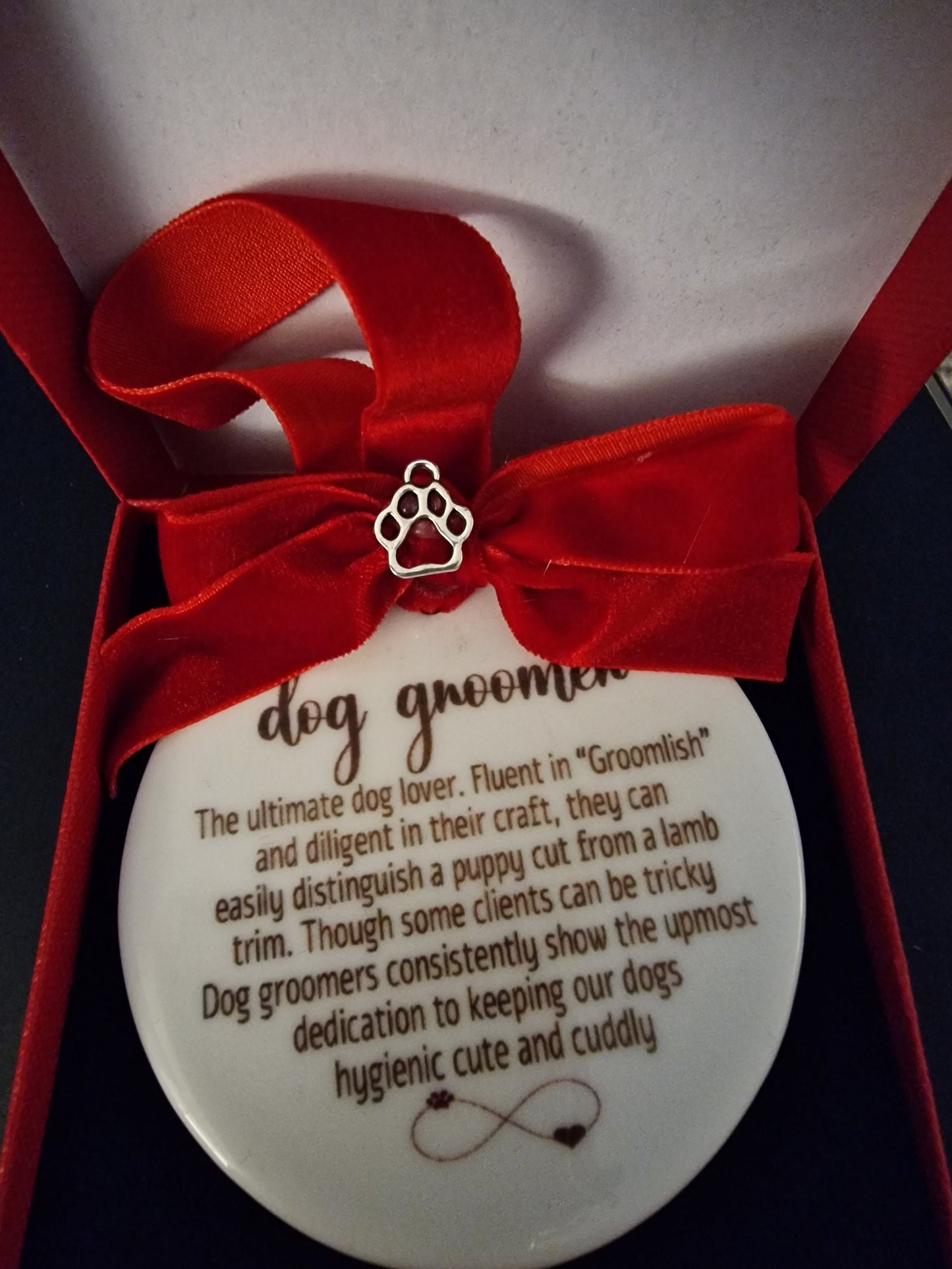 Dog Groomer Christmas gift, tree decoration, with complimentary Ribbon, bow, silver Christmas charm  boxed.