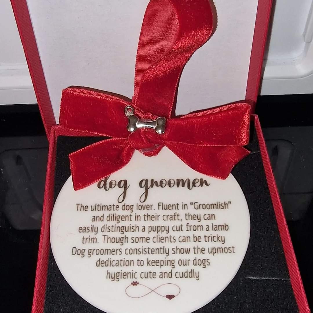 Dog Groomer Christmas gift, tree decoration, with complimentary Ribbon, bow, silver Christmas charm  boxed.