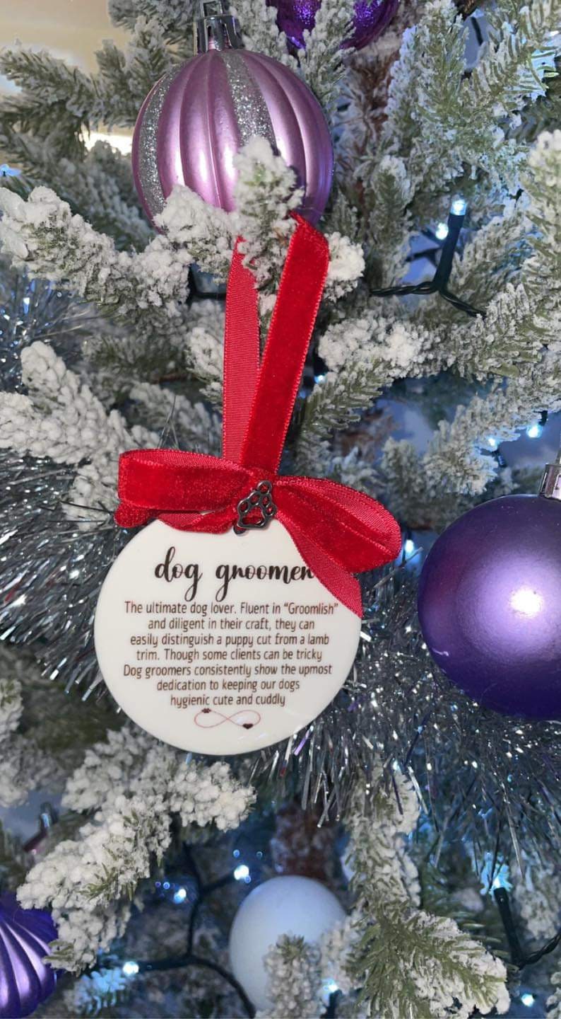 Dog Groomer Christmas gift, tree decoration, with complimentary Ribbon, bow, silver Christmas charm  boxed.