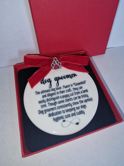 Dog Groomer Christmas gift, tree decoration, with complimentary Ribbon, bow, silver Christmas charm  boxed.