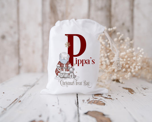 Christmas treat bag/Small gifts, Small Santa Sack - personalised - white draw string bag