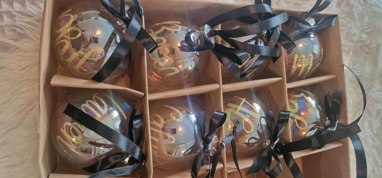 Iridescent glass bauble personalised with name, Ribbon and bow, filled or unfilled