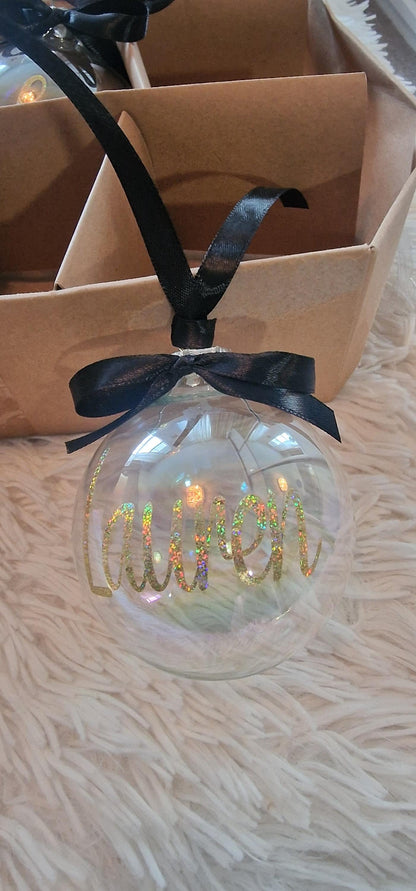 Iridescent glass bauble personalised with name, Ribbon and bow, filled or unfilled