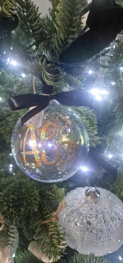 Iridescent glass bauble personalised with name, Ribbon and bow, filled or unfilled