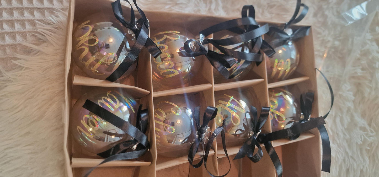 Iridescent glass bauble personalised with name, Ribbon and bow, filled or unfilled