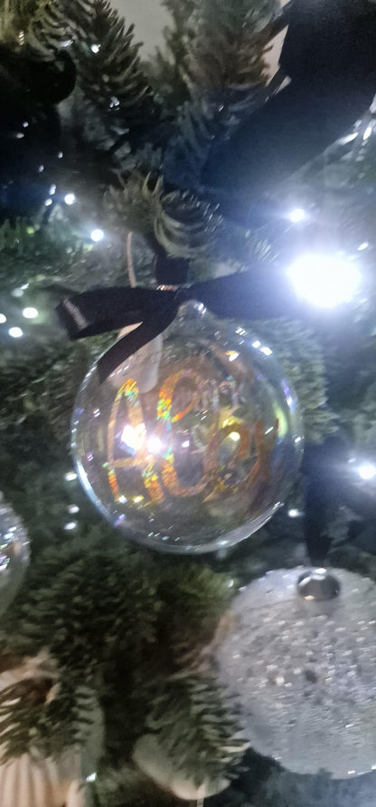 Iridescent glass bauble personalised with name, Ribbon and bow, filled or unfilled