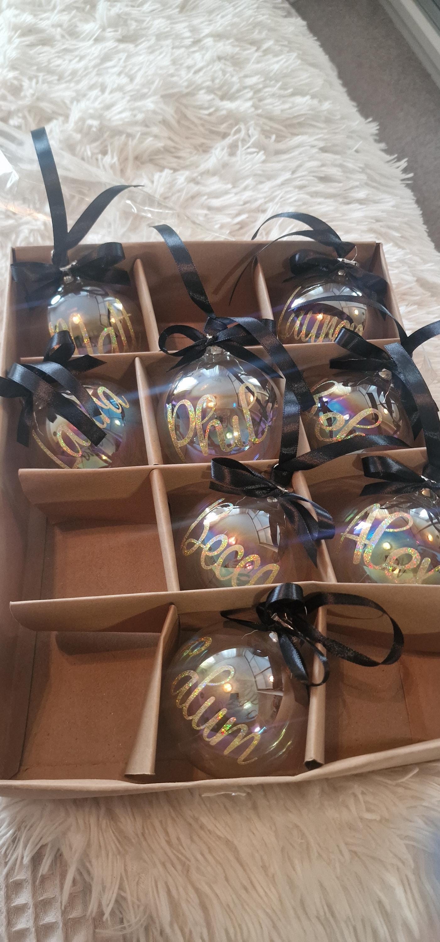 Iridescent glass bauble personalised with name, Ribbon and bow, filled or unfilled