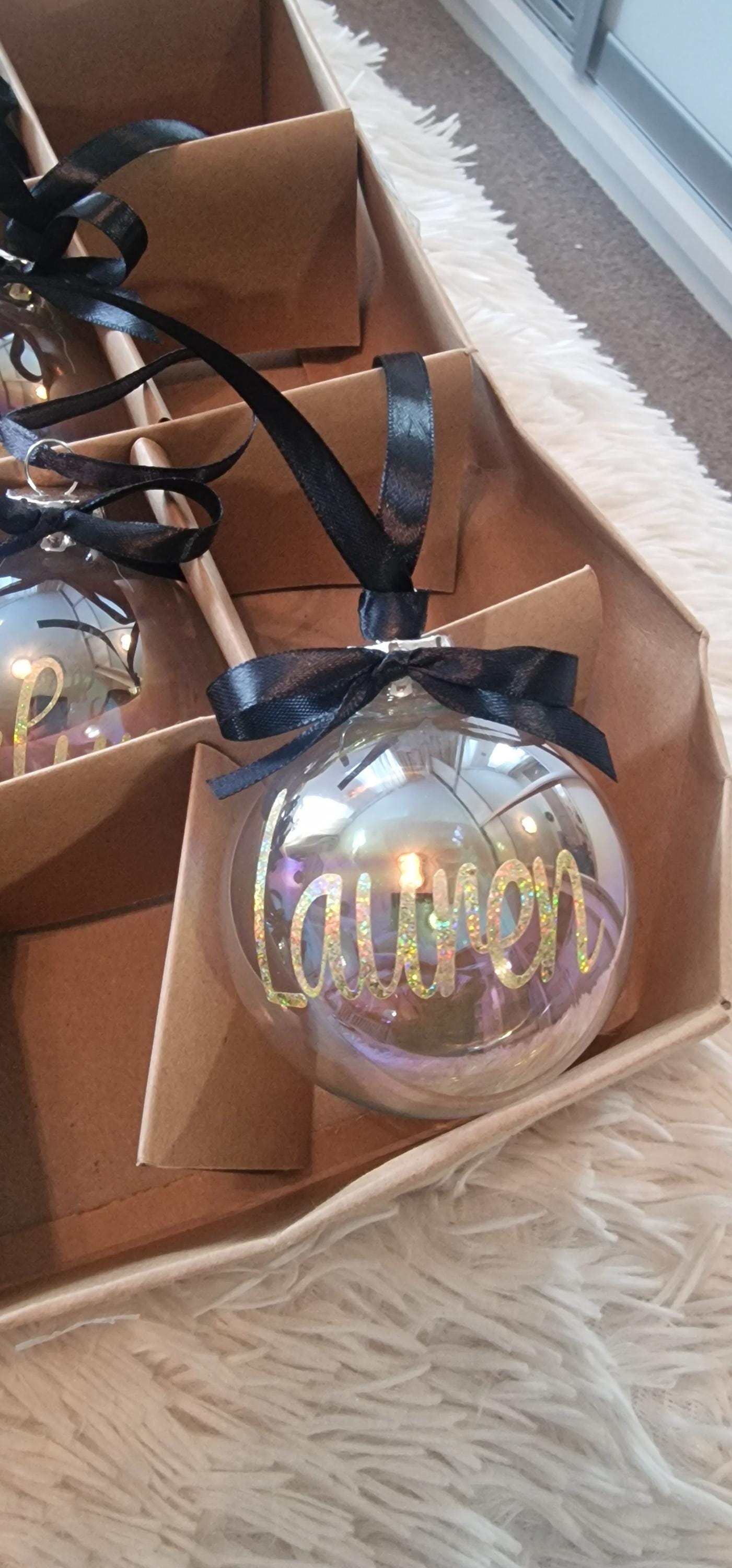 Iridescent glass bauble personalised with name, Ribbon and bow, filled or unfilled