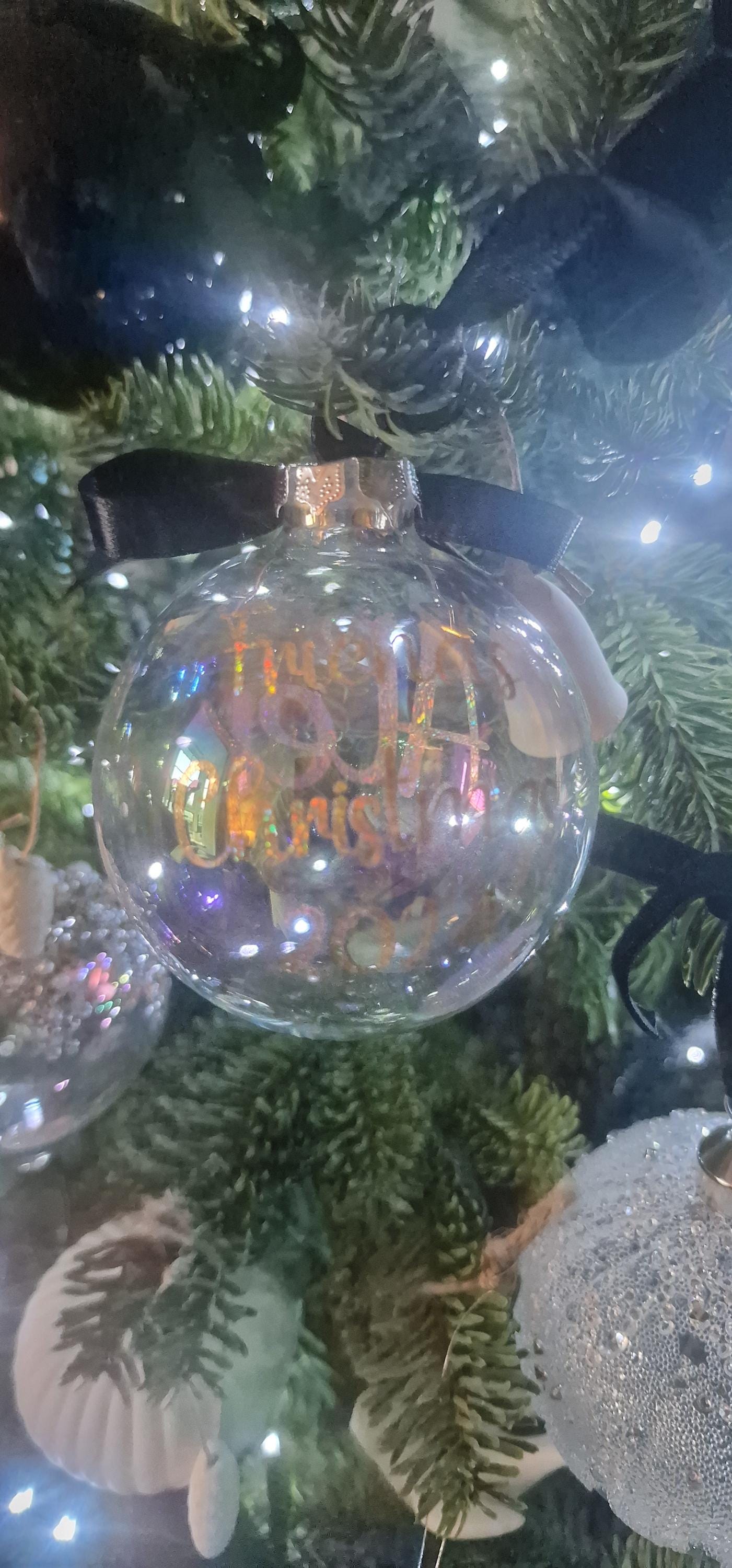 Iridescent glass bauble personalised with name, Ribbon and bow, filled or unfilled