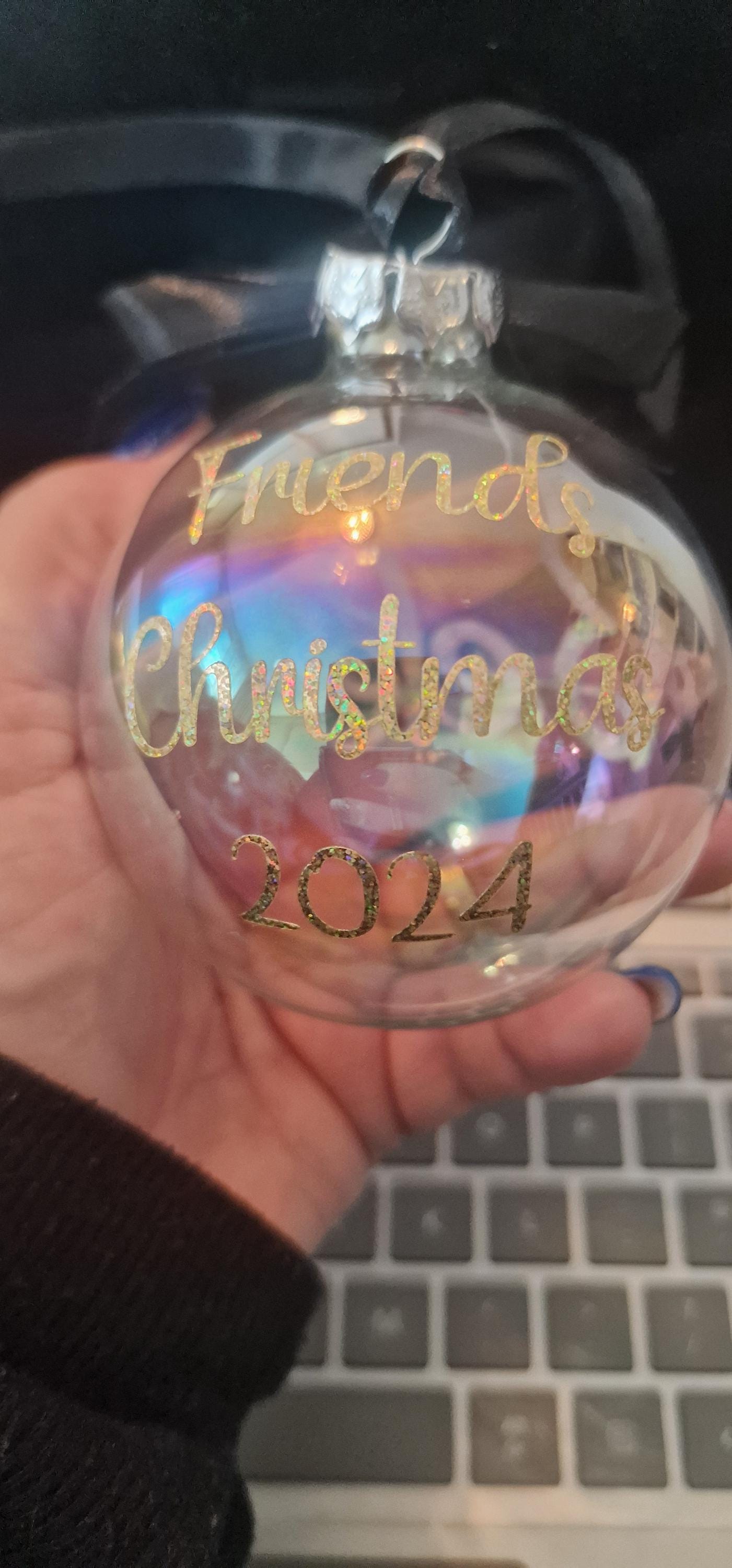 Iridescent glass bauble personalised with name, Ribbon and bow, filled or unfilled