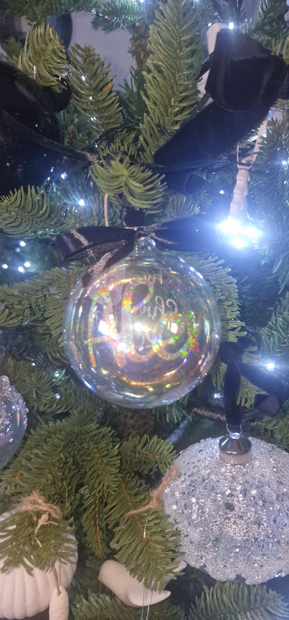 Iridescent glass bauble personalised with name, Ribbon and bow, filled or unfilled