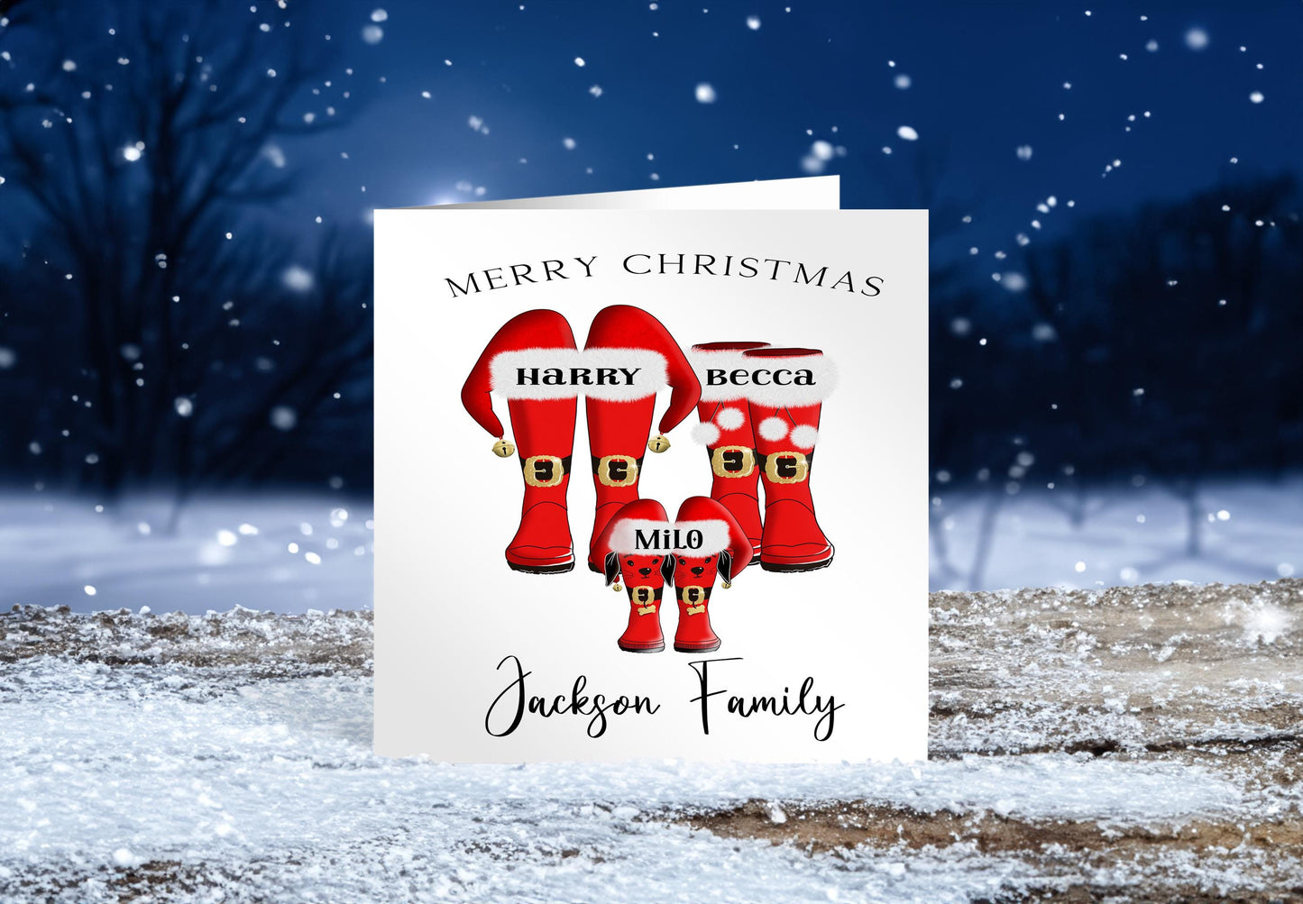 For a special Family Christmas Card, can included, children, dogs and cats, Santa boots design