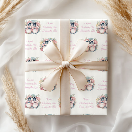 Christening Girl Pink Baby shoes personalised Gift Wrap -A3 sheets only