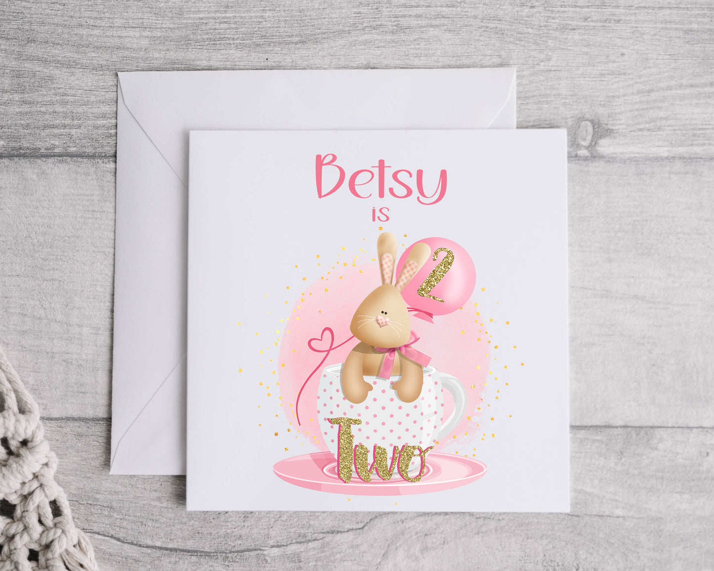 Pink & Gold Rabbit design Birthday Card, ages 1 - 5 years, personalised