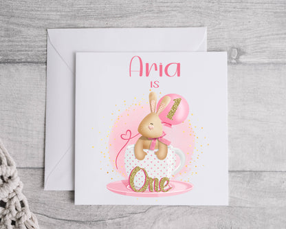 Pink & Gold Rabbit design Birthday Card, ages 1 - 5 years, personalised