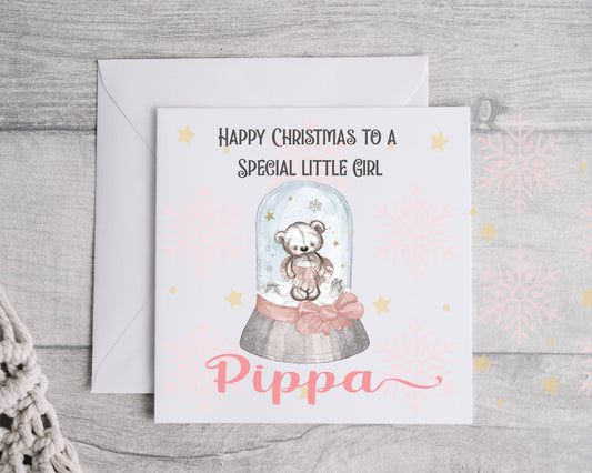 Happy Christmas to a special little girl, pink snowglobe design